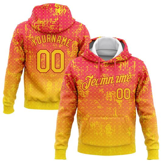 Custom Stitched Red Gold 3D Pattern Design Gradient Abstract Grid Line Sports Pullover Sweatshirt Hoodie - Main View