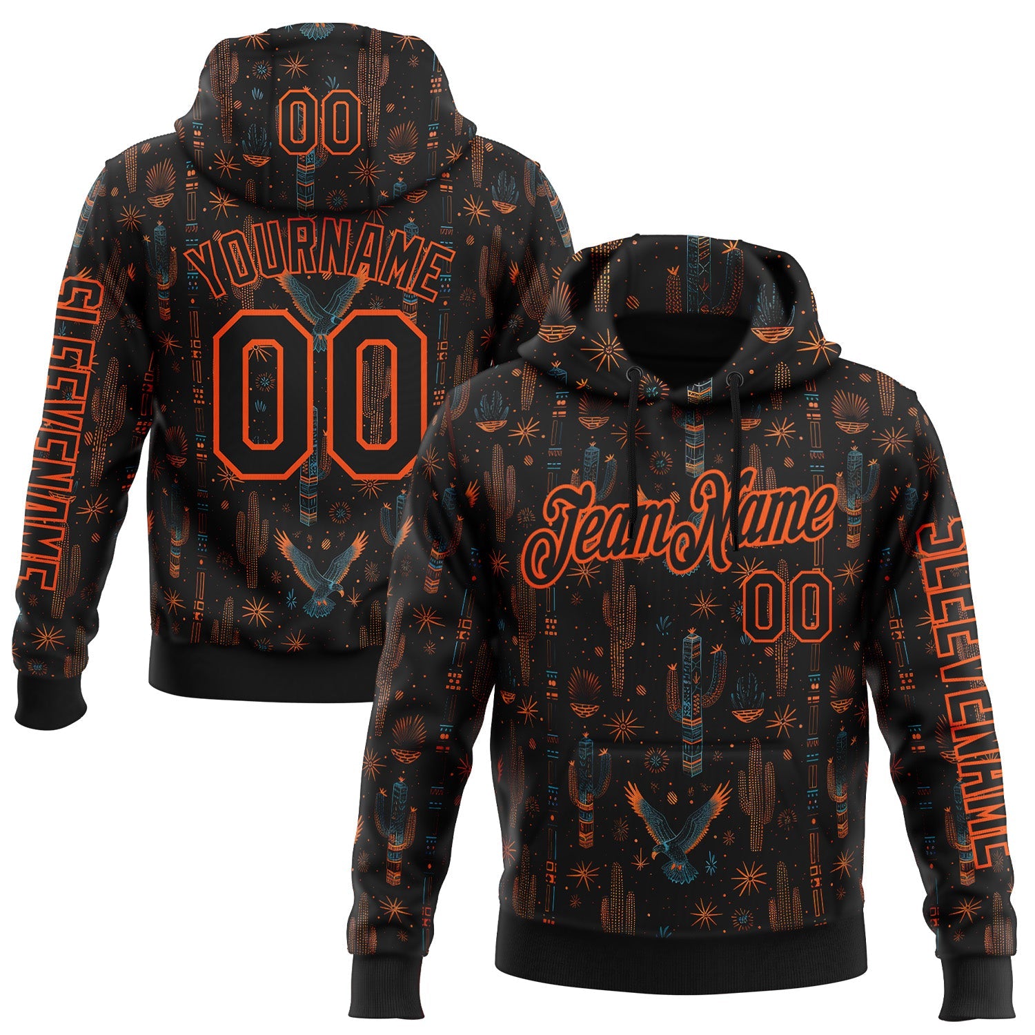 Custom Black Orange 3D Pattern Design Western Cowboy Tribal Ethnic Sports Pullover Sweatshirt Hoodie - Main View