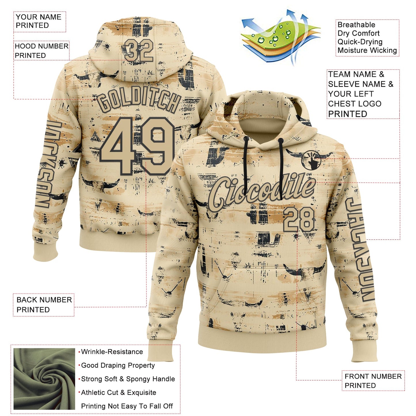 Custom Cream Vegas Gold-Black 3D Pattern Design Western Cowboy Tribal Ethnic Sports Pullover Sweatshirt Hoodie view 2