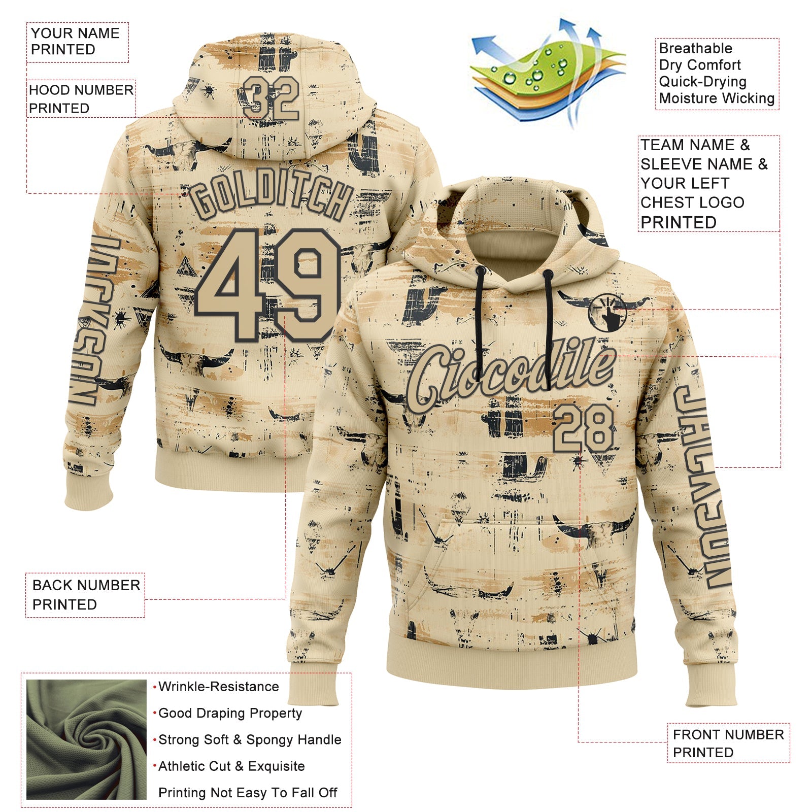 Custom Cream Vegas Gold-Black 3D Pattern Design Western Cowboy Tribal Ethnic Sports Pullover Sweatshirt Hoodie view 2