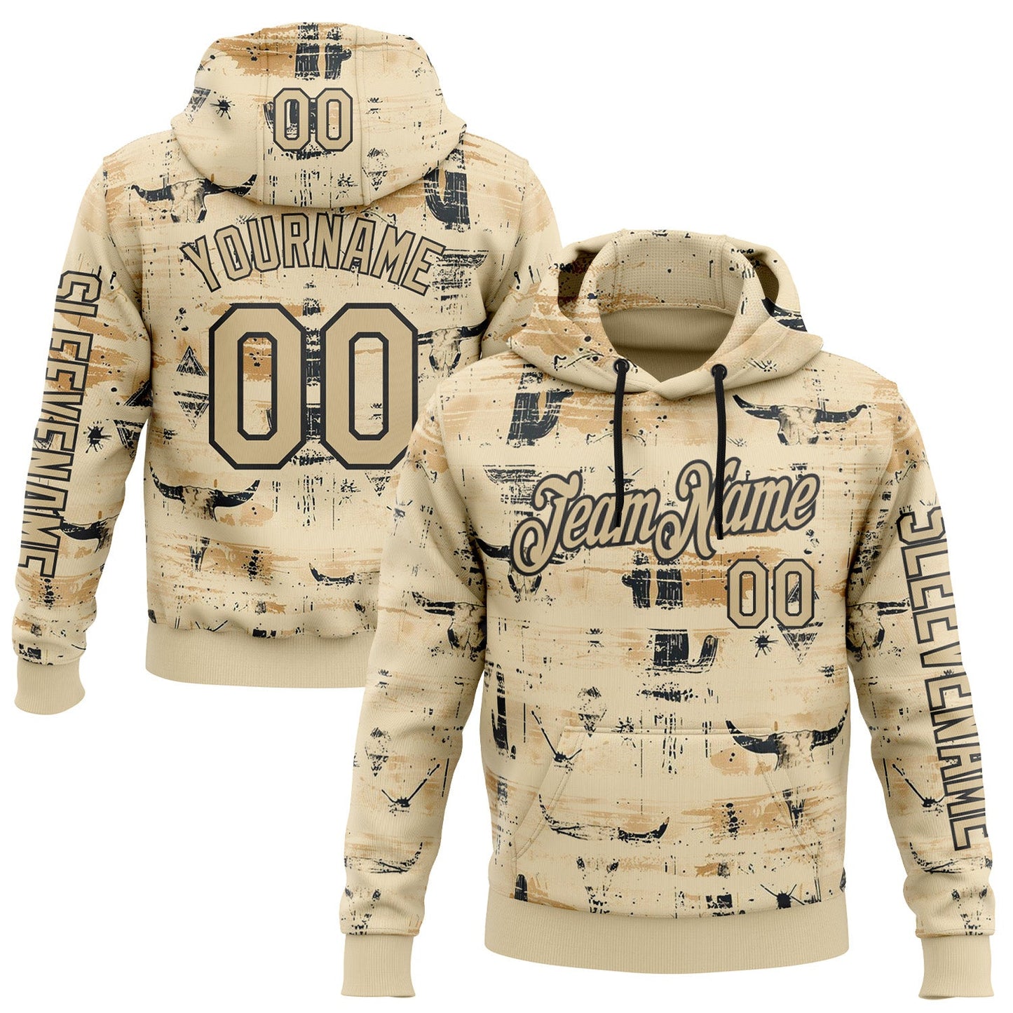 Custom Cream Vegas Gold-Black 3D Pattern Design Western Cowboy Tribal Ethnic Sports Pullover Sweatshirt Hoodie - Main View