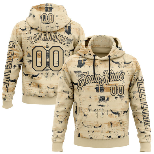 Custom Cream Vegas Gold-Black 3D Pattern Design Western Cowboy Tribal Ethnic Sports Pullover Sweatshirt Hoodie - Main View