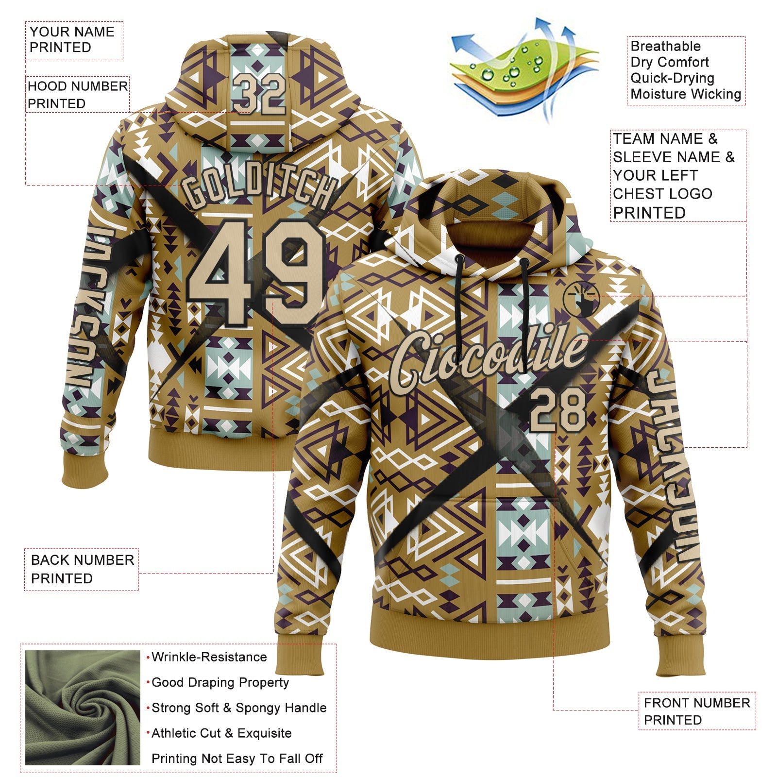 Custom Old Gold City Cream-Black 3D Pattern Design Western Cowboy Tribal Ethnic Sports Pullover Sweatshirt Hoodie view 2