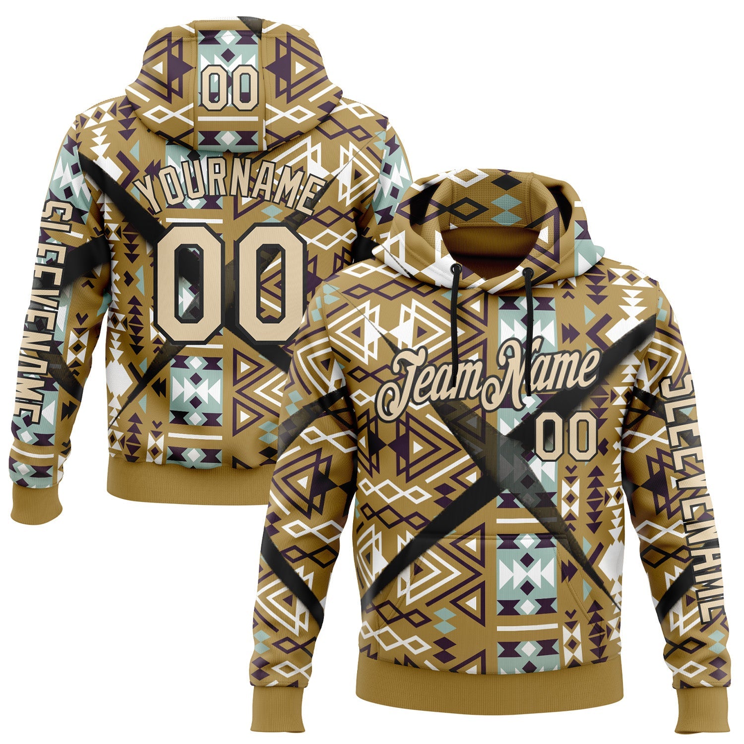 Custom Old Gold City Cream-Black 3D Pattern Design Western Cowboy Tribal Ethnic Sports Pullover Sweatshirt Hoodie - Main View