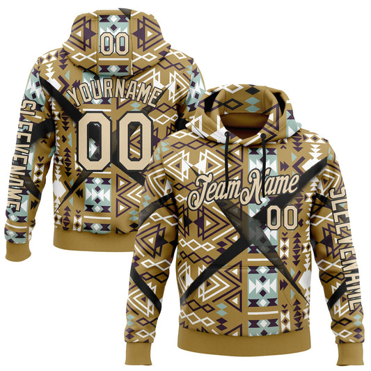 Custom Old Gold City Cream-Black 3D Pattern Design Western Cowboy Tribal Ethnic Sports Pullover Sweatshirt Hoodie - Main View