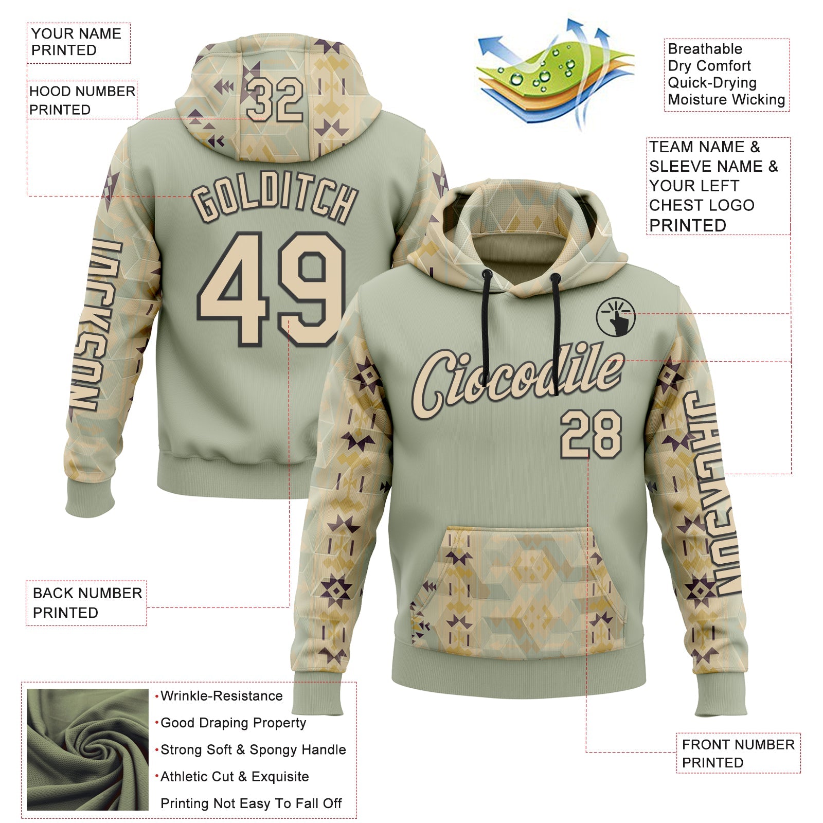 Custom Green City Cream-Black 3D Pattern Design Western Cowboy Tribal Ethnic Sports Pullover Sweatshirt Hoodie view 2