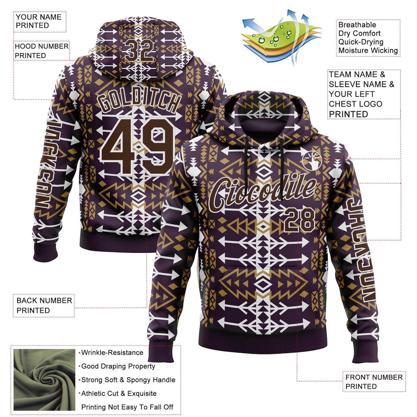 Custom Purple Brown-White 3D Pattern Design Western Cowboy Tribal Ethnic Sports Pullover Sweatshirt Hoodie view 2