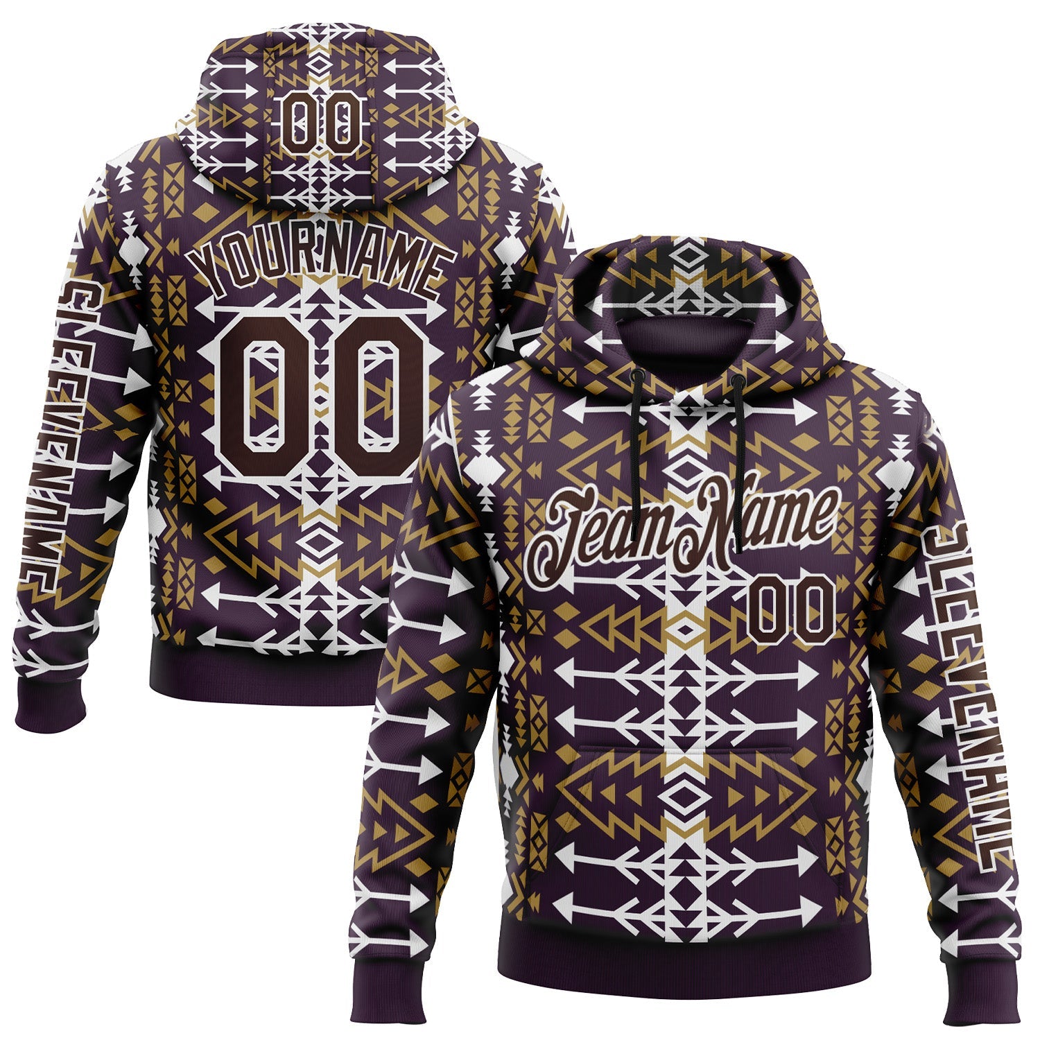 Custom Purple Brown-White 3D Pattern Design Western Cowboy Tribal Ethnic Sports Pullover Sweatshirt Hoodie - Main View