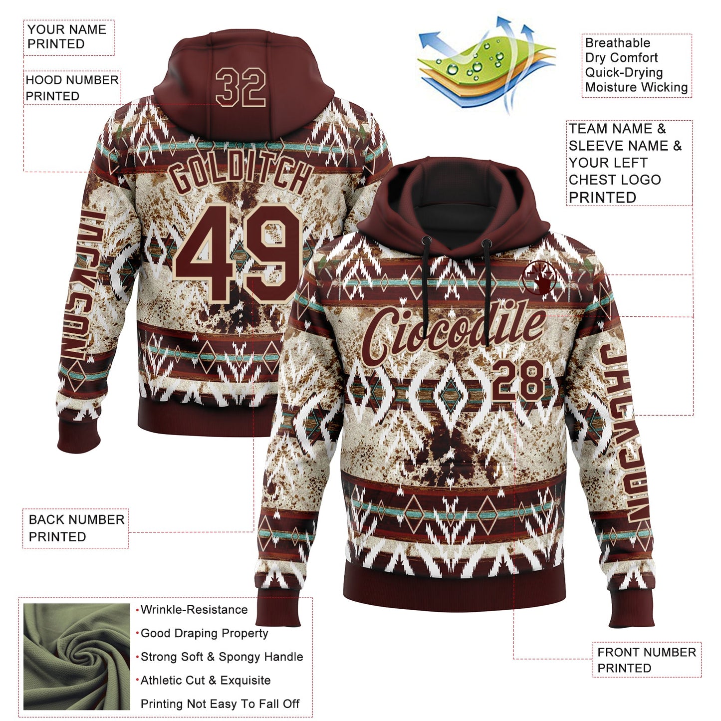 Custom Crimson City Cream 3D Pattern Design Western Cowboy Tribal Ethnic Sports Pullover Sweatshirt Hoodie view 2