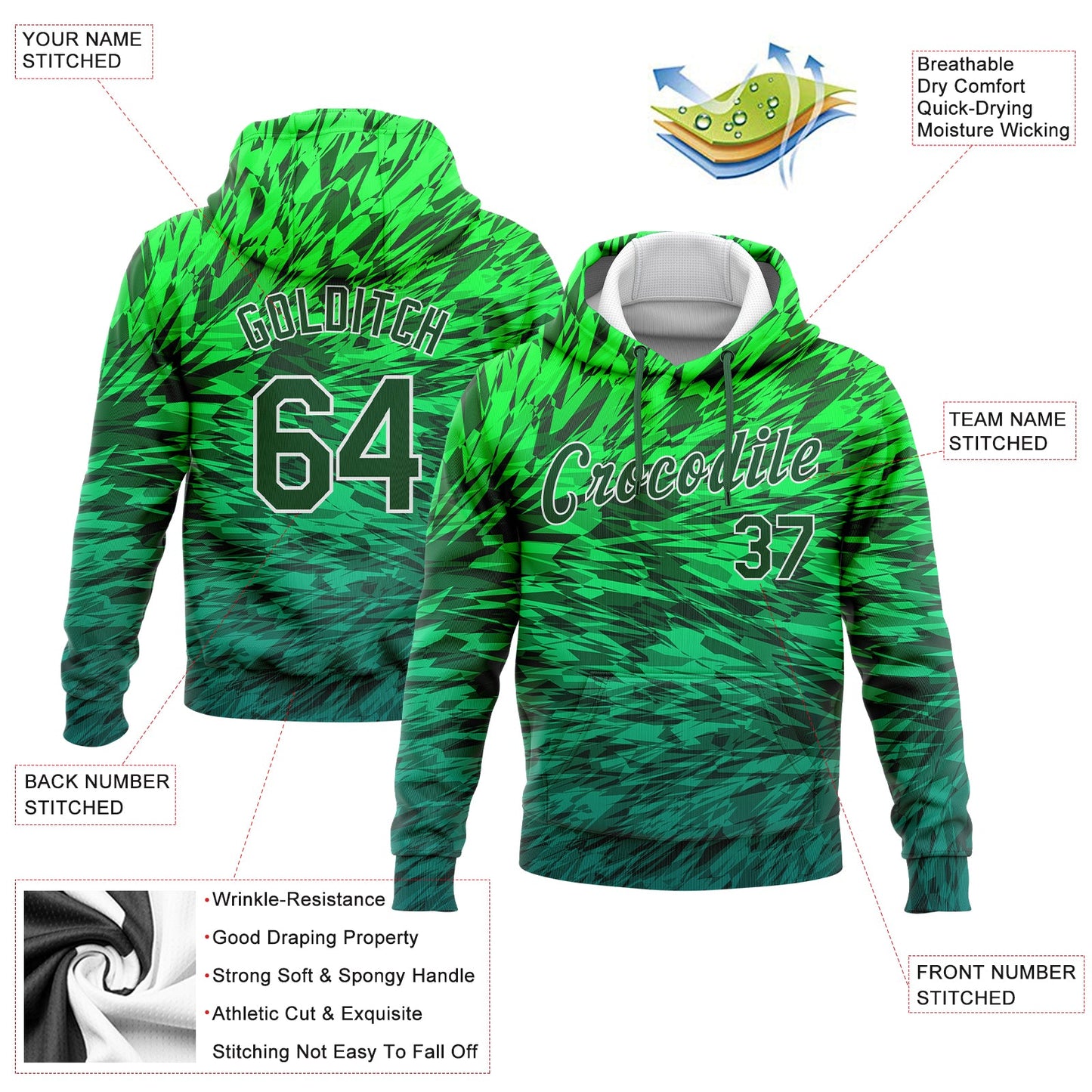 Custom Stitched Kelly Green Green-White 3D Pattern Design Gradient Abstract Sports Pullover Sweatshirt Hoodie view 2