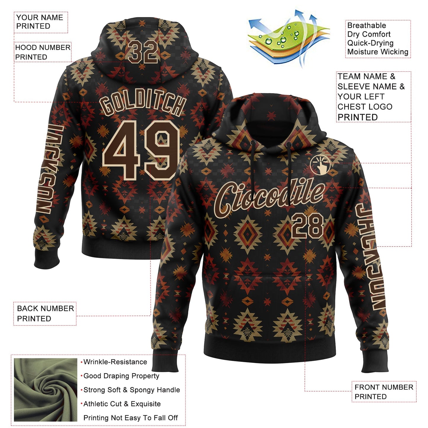 Custom Black Brown-City Cream 3D Pattern Design Western Cowboy Tribal Ethnic Sports Pullover Sweatshirt Hoodie view 2