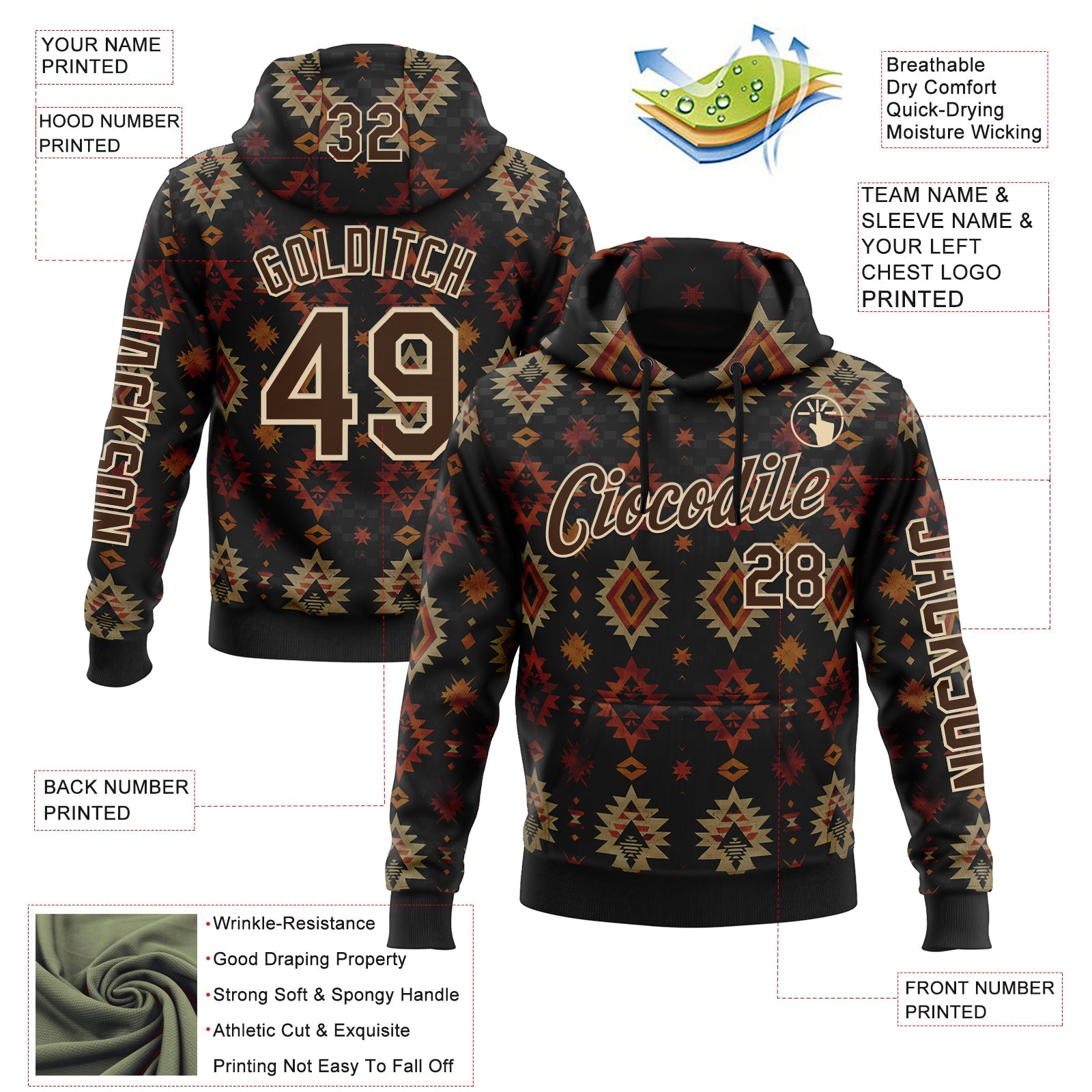Custom Black Brown-City Cream 3D Pattern Design Western Cowboy Tribal Ethnic Sports Pullover Sweatshirt Hoodie view 2