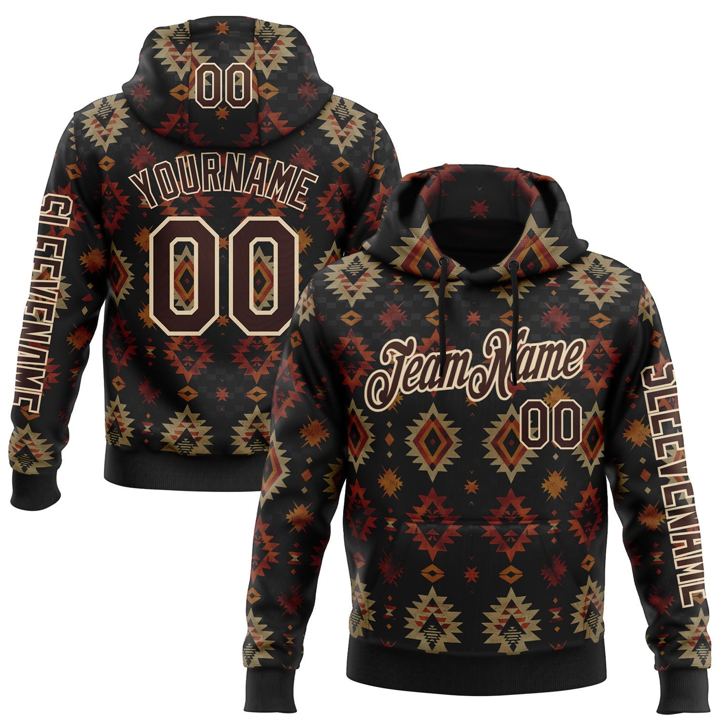 Custom Black Brown-City Cream 3D Pattern Design Western Cowboy Tribal Ethnic Sports Pullover Sweatshirt Hoodie - Main View
