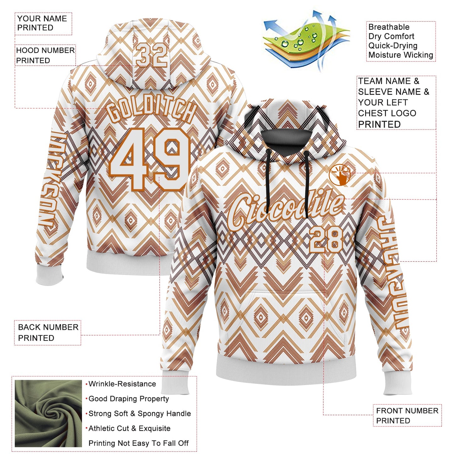 Custom White Texas Orange-Black 3D Pattern Design Western Cowboy Tribal Ethnic Sports Pullover Sweatshirt Hoodie view 2