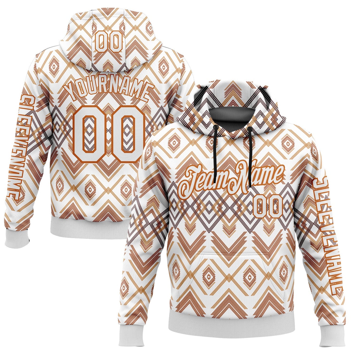 Custom White Texas Orange-Black 3D Pattern Design Western Cowboy Tribal Ethnic Sports Pullover Sweatshirt Hoodie - Main View