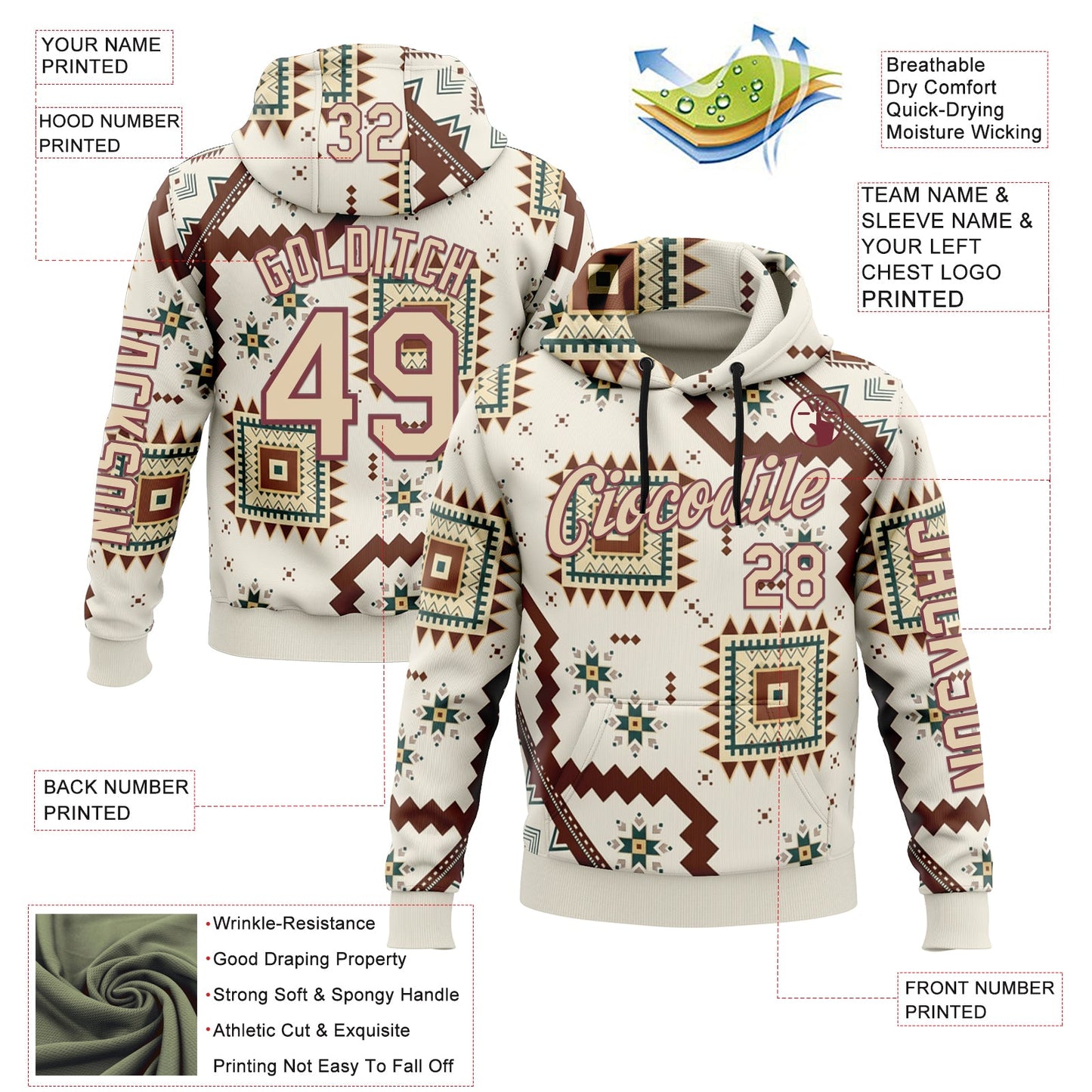Custom White City Cream-Burgundy 3D Pattern Design Western Cowboy Tribal Ethnic Sports Pullover Sweatshirt Hoodie view 2