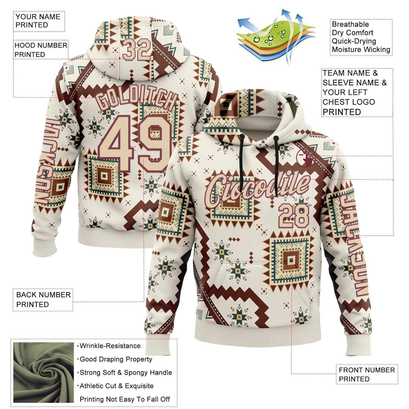 Custom White City Cream-Burgundy 3D Pattern Design Western Cowboy Tribal Ethnic Sports Pullover Sweatshirt Hoodie view 2