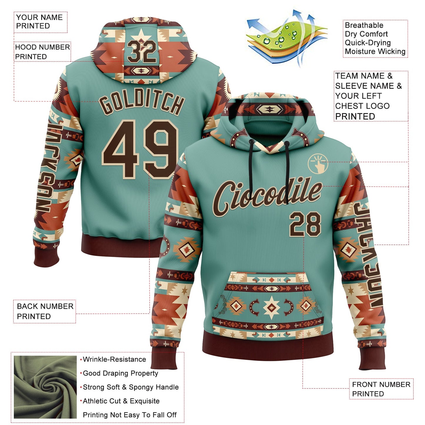 Custom Blue Brown-City Cream 3D Pattern Design Western Cowboy Tribal Ethnic Sports Pullover Sweatshirt Hoodie view 2