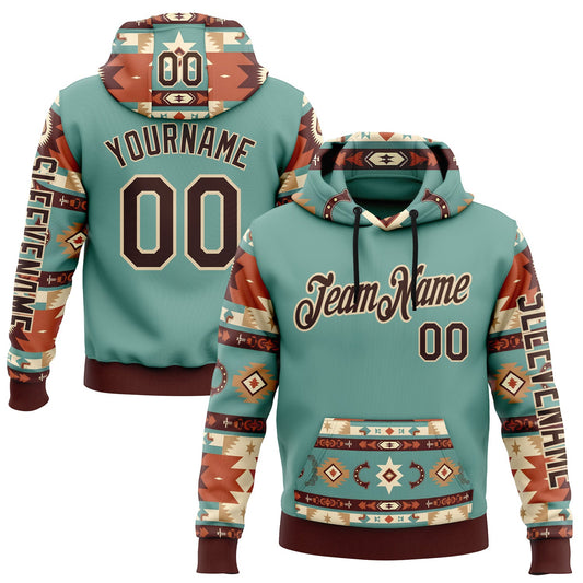 Custom Blue Brown-City Cream 3D Pattern Design Western Cowboy Tribal Ethnic Sports Pullover Sweatshirt Hoodie - Main View