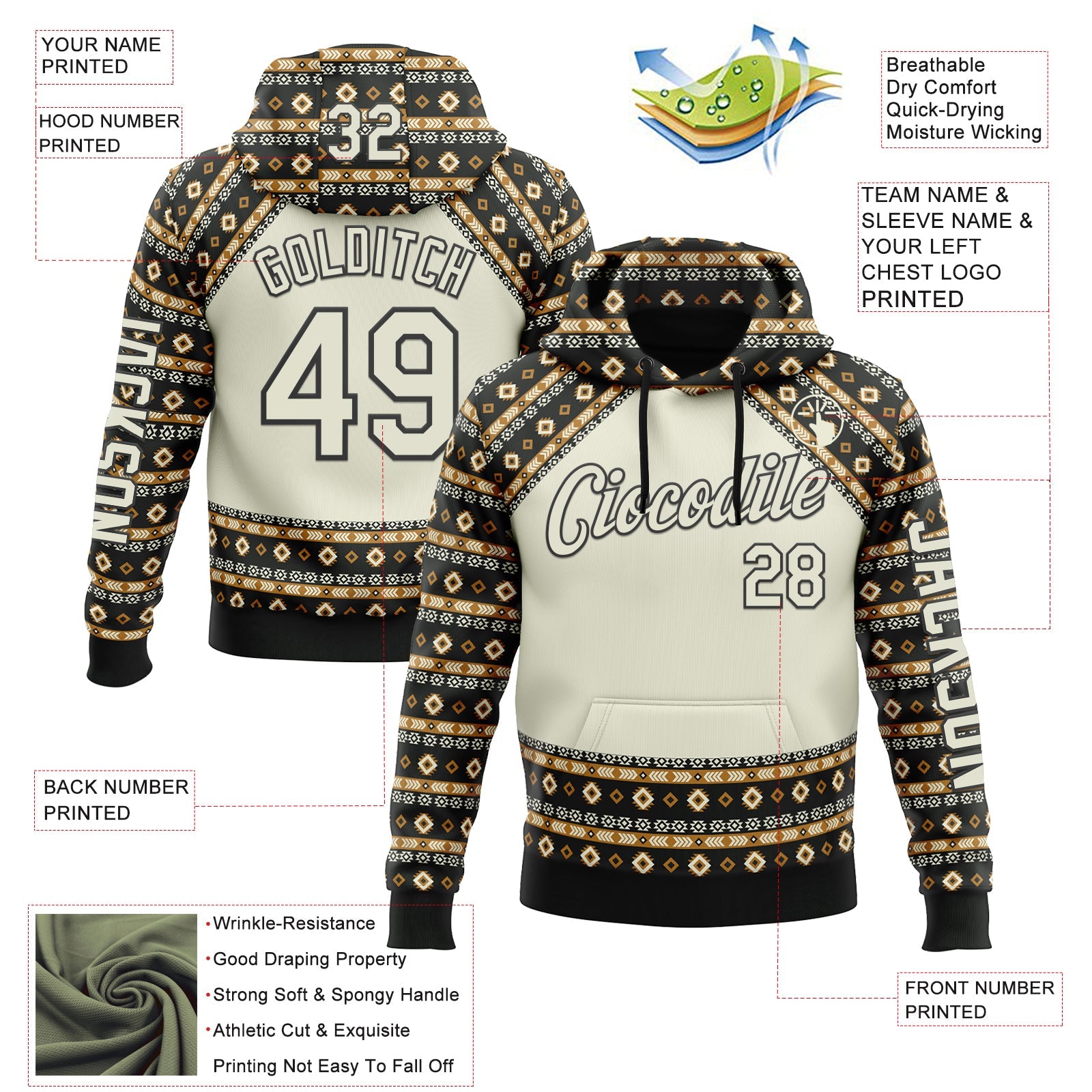 Custom City Cream Black 3D Pattern Design Western Cowboy Tribal Ethnic Sports Pullover Sweatshirt Hoodie view 2