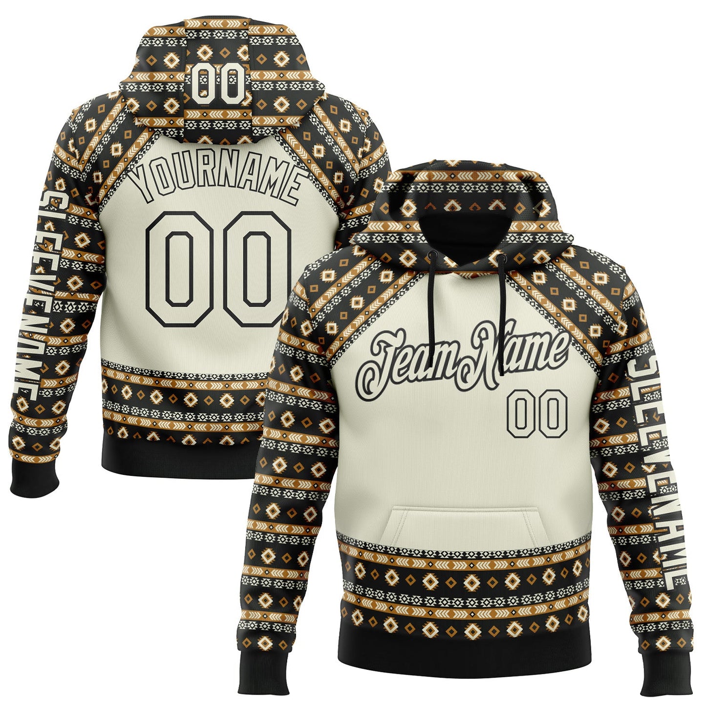 Custom City Cream Black 3D Pattern Design Western Cowboy Tribal Ethnic Sports Pullover Sweatshirt Hoodie - Main View