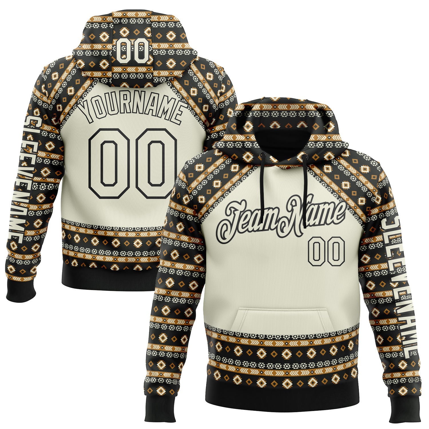 Custom City Cream Black 3D Pattern Design Western Cowboy Tribal Ethnic Sports Pullover Sweatshirt Hoodie - Main View