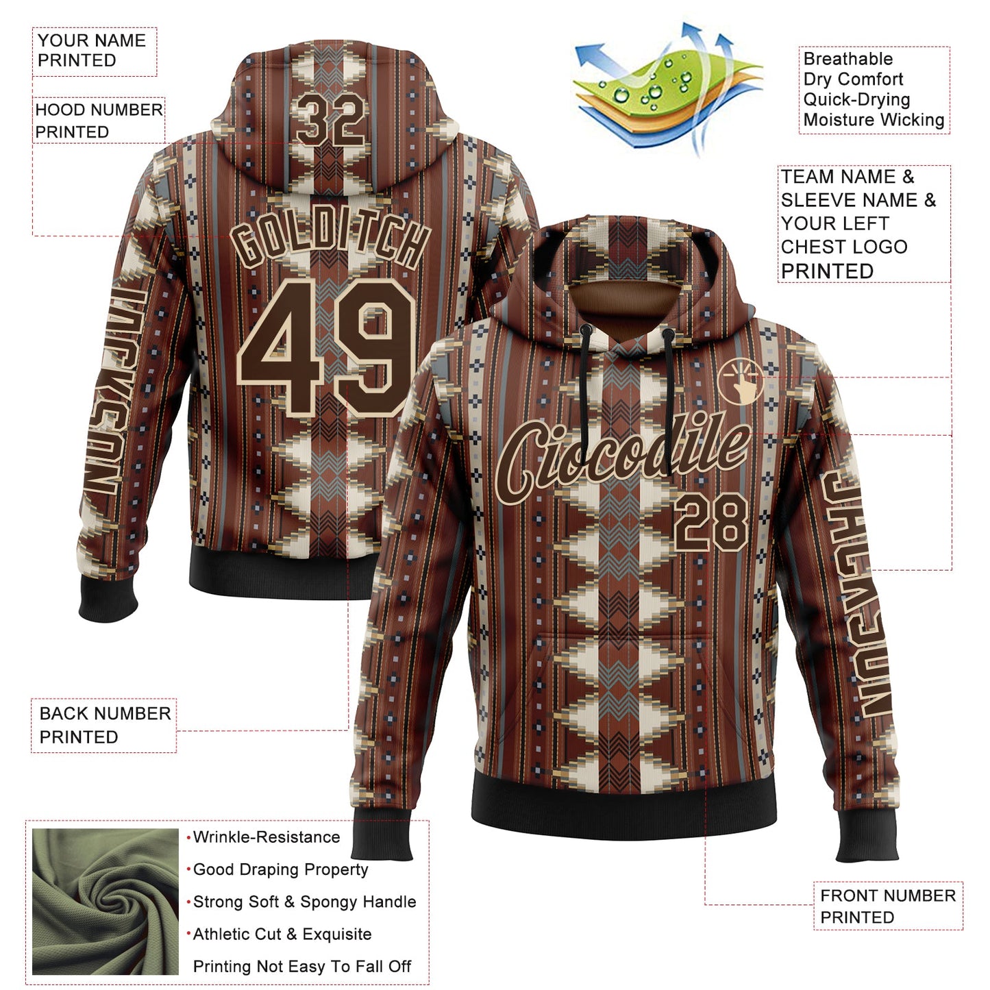 Custom Brown City Cream-Black 3D Pattern Design Western Cowboy Tribal Ethnic Sports Pullover Sweatshirt Hoodie view 2