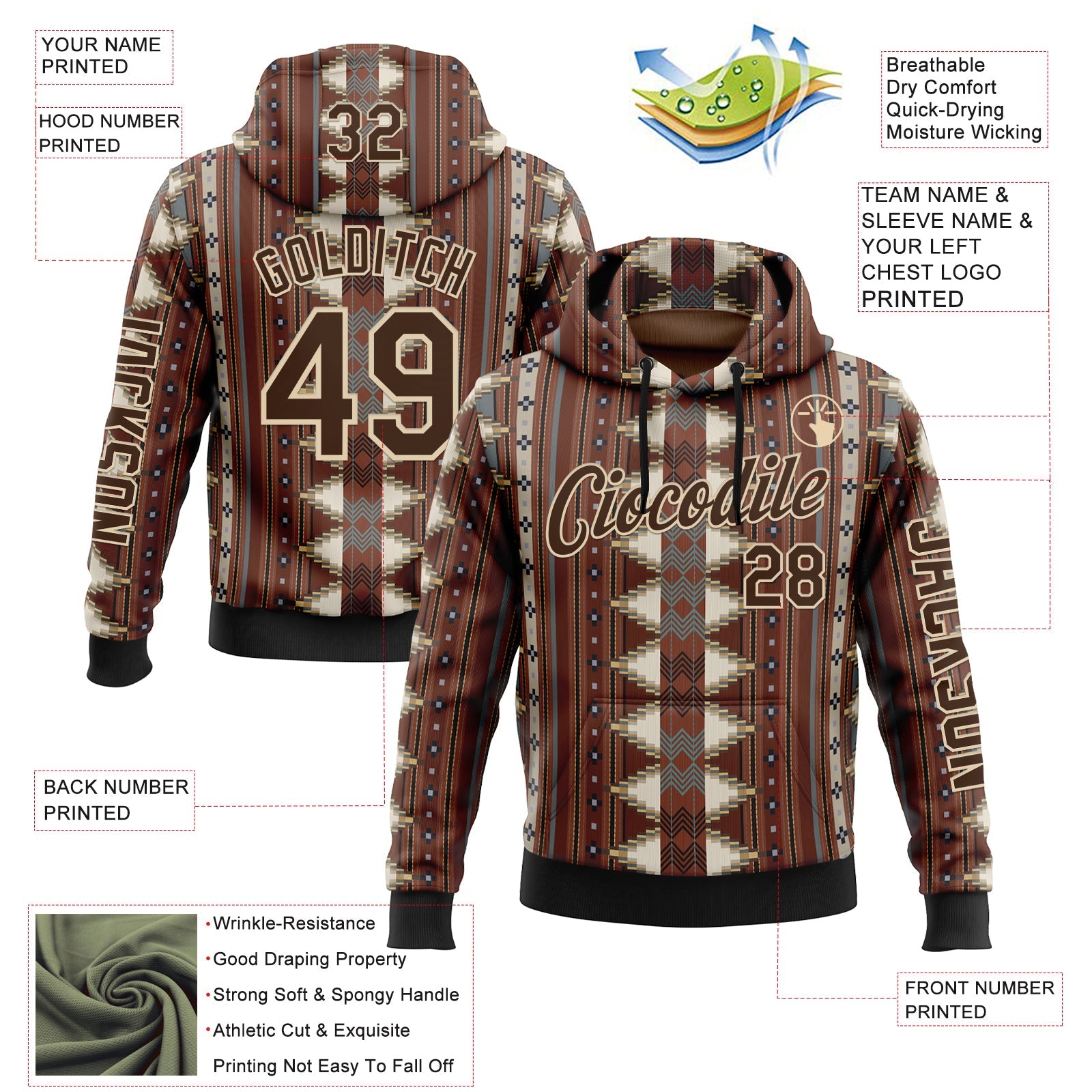 Custom Brown City Cream-Black 3D Pattern Design Western Cowboy Tribal Ethnic Sports Pullover Sweatshirt Hoodie view 2