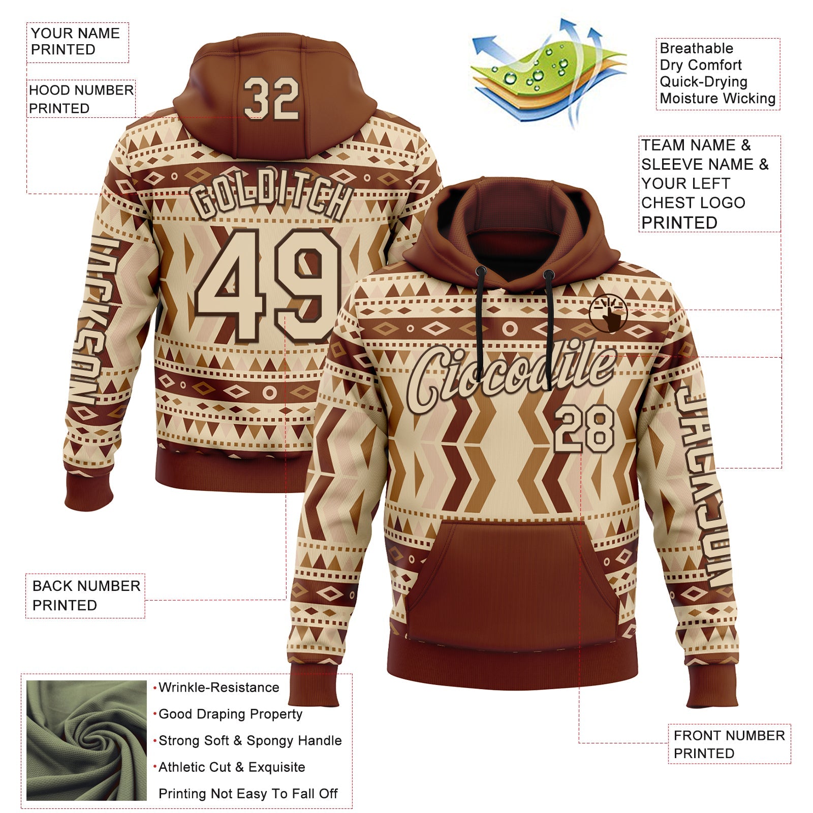 Custom City Cream Brown 3D Pattern Design Western Cowboy Tribal Ethnic Sports Pullover Sweatshirt Hoodie view 2