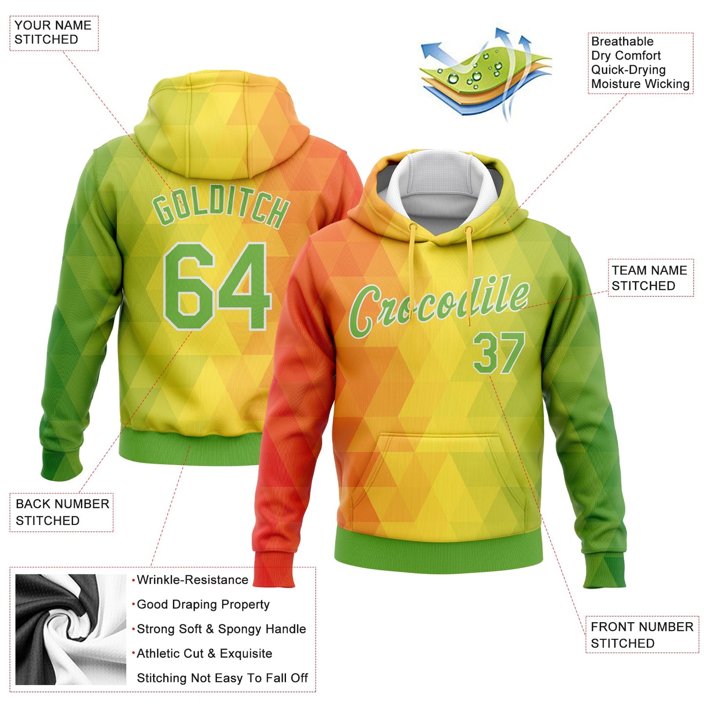 Custom Stitched Gold Neon Green Orange-White 3D Pattern Design Abstract Reggae Geometric Sports Pullover Sweatshirt Hoodie view 2