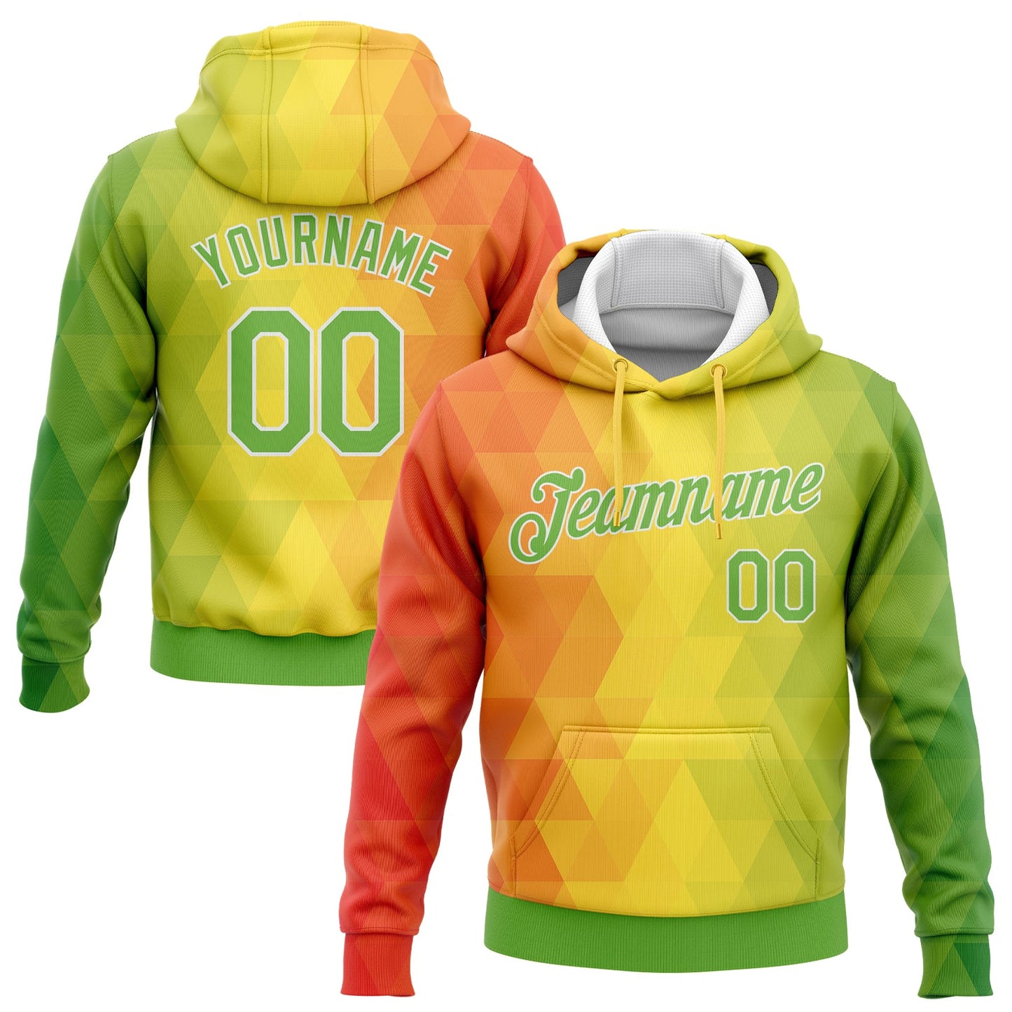Custom Stitched Gold Neon Green Orange-White 3D Pattern Design Abstract Reggae Geometric Sports Pullover Sweatshirt Hoodie - Main View