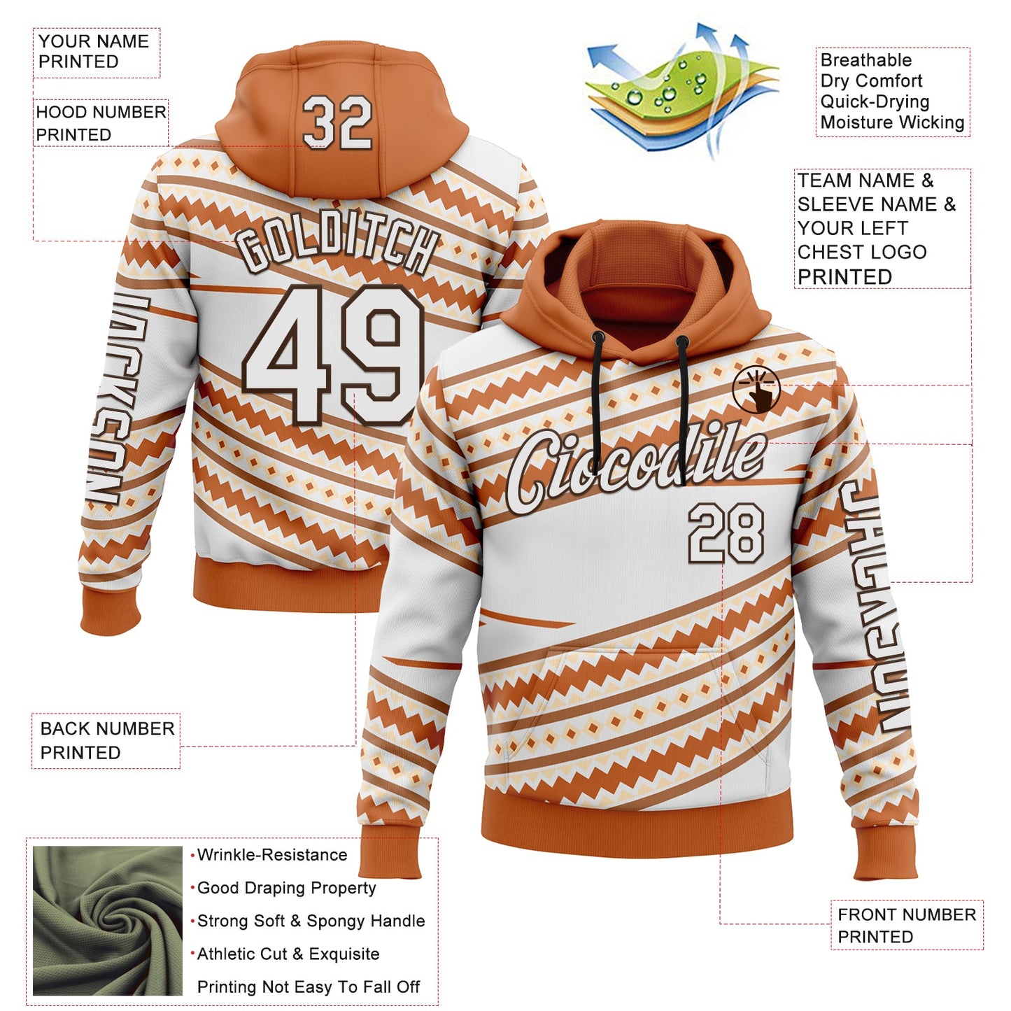 Custom White Orange-Brown 3D Pattern Design Western Cowboy Tribal Ethnic Sports Pullover Sweatshirt Hoodie view 2