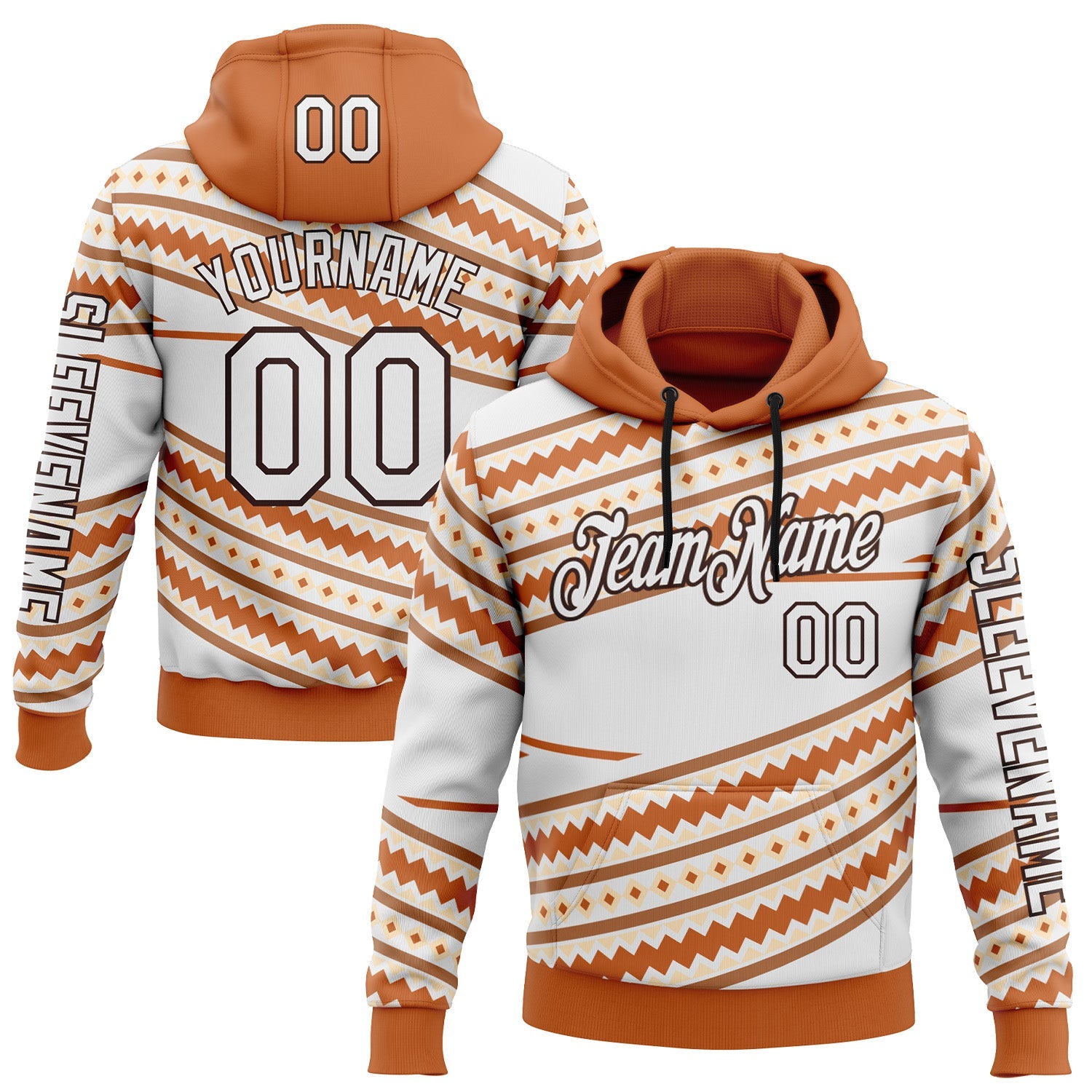 Custom White Orange-Brown 3D Pattern Design Western Cowboy Tribal Ethnic Sports Pullover Sweatshirt Hoodie - Main View