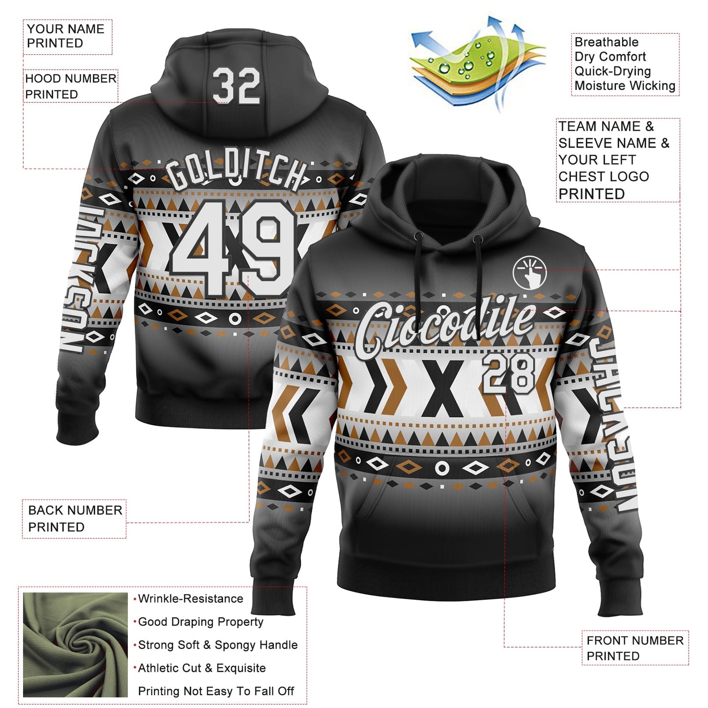 Custom Black White-Gray 3D Pattern Design Western Cowboy Tribal Ethnic Sports Pullover Sweatshirt Hoodie view 2