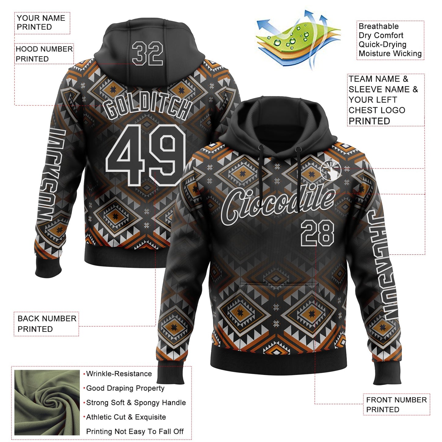 Custom Black White 3D Pattern Design Western Cowboy Tribal Ethnic Sports Pullover Sweatshirt Hoodie view 2