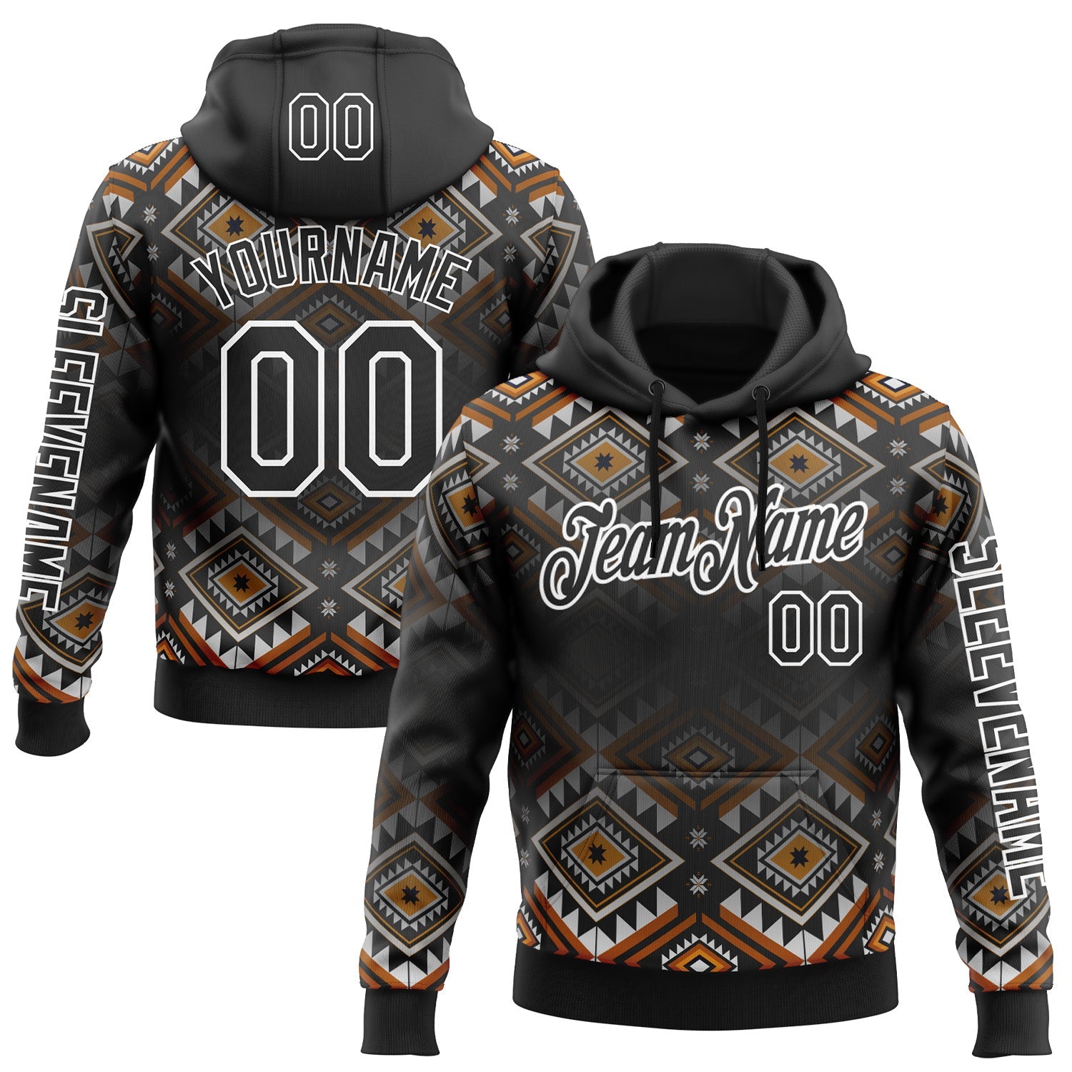 Custom Black White 3D Pattern Design Western Cowboy Tribal Ethnic Sports Pullover Sweatshirt Hoodie - Main View