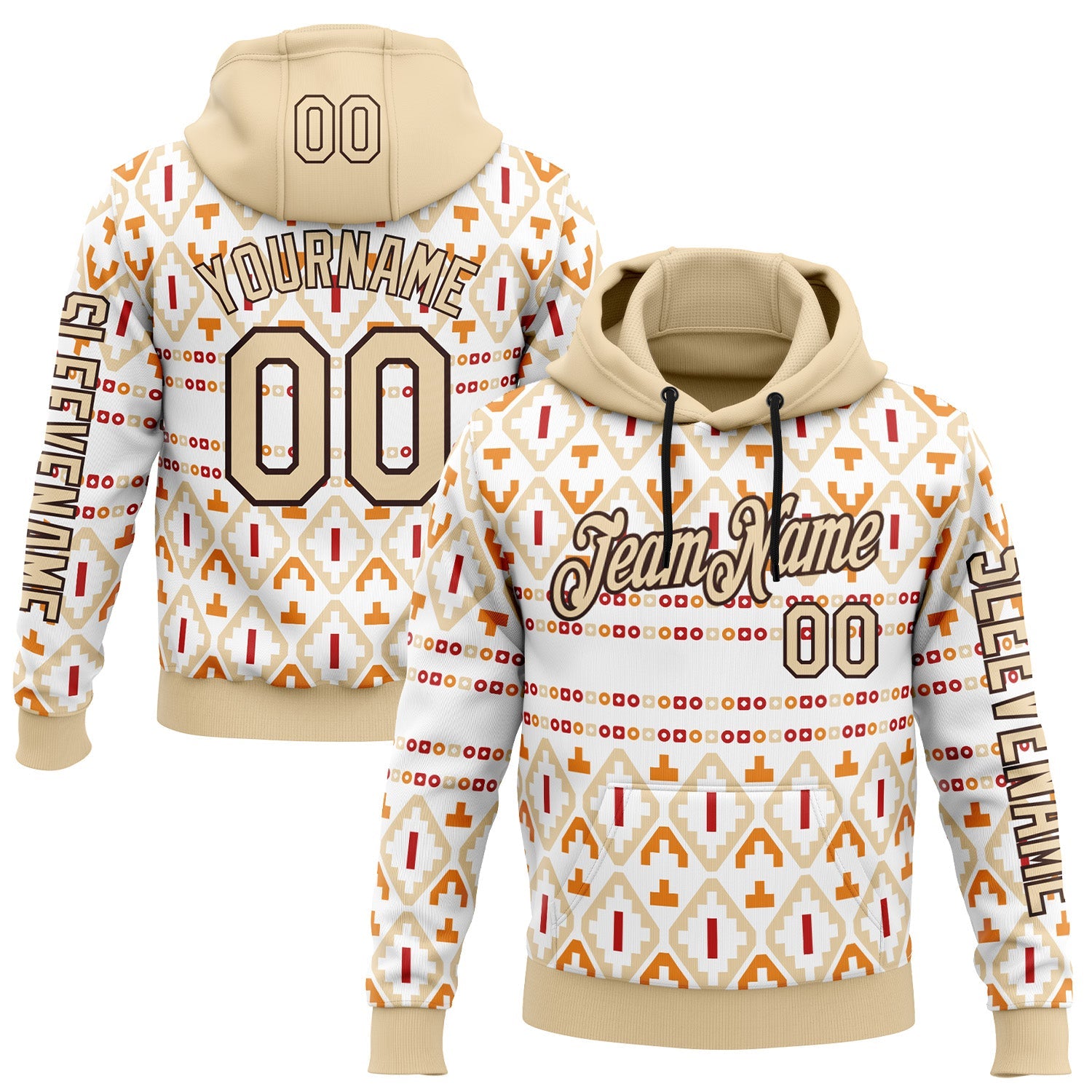 Custom White City Cream-Brown 3D Pattern Design Western Cowboy Tribal Ethnic Sports Pullover Sweatshirt Hoodie - Main View