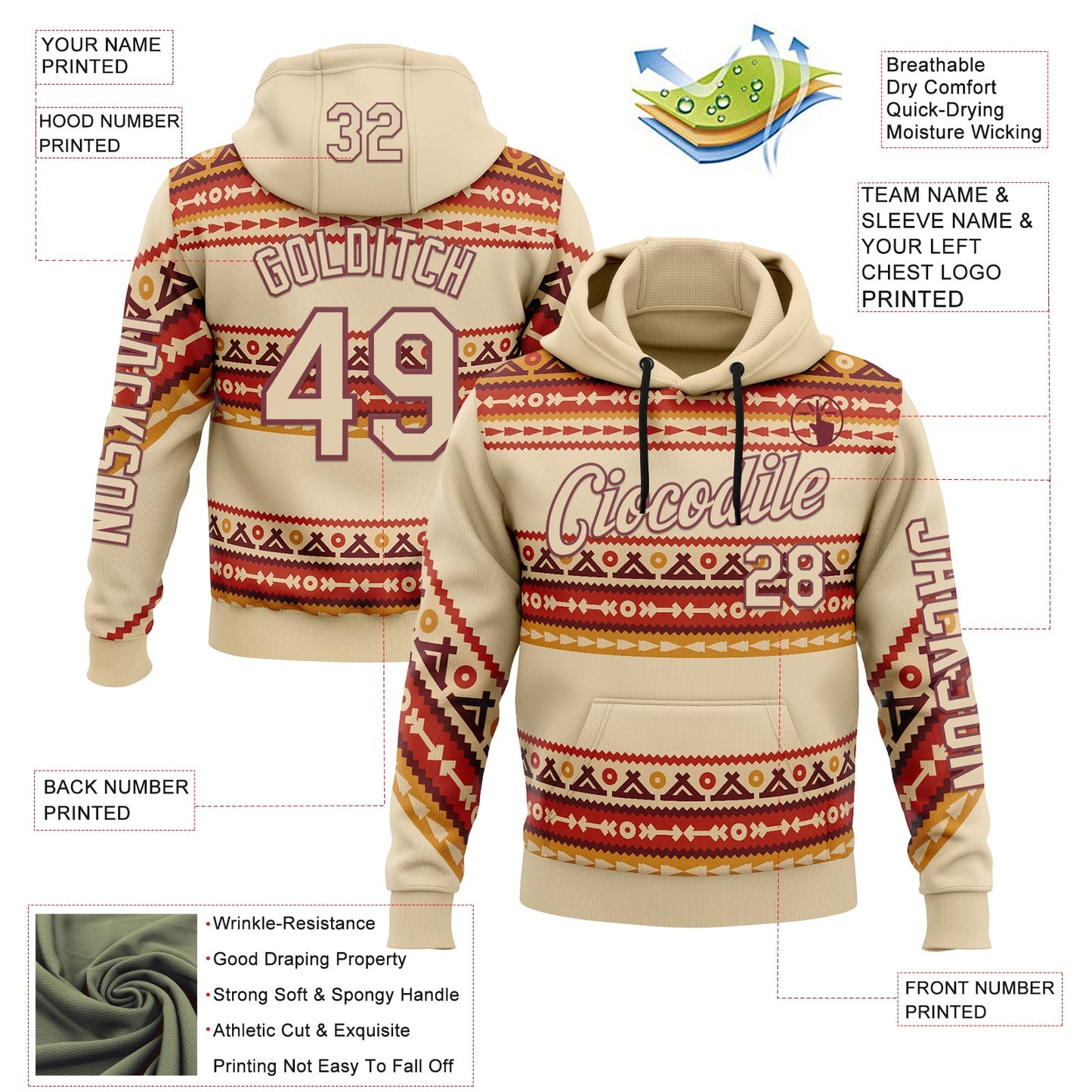 Custom City Cream Burgundy 3D Pattern Design Western Cowboy Tribal Ethnic Sports Pullover Sweatshirt Hoodie view 2