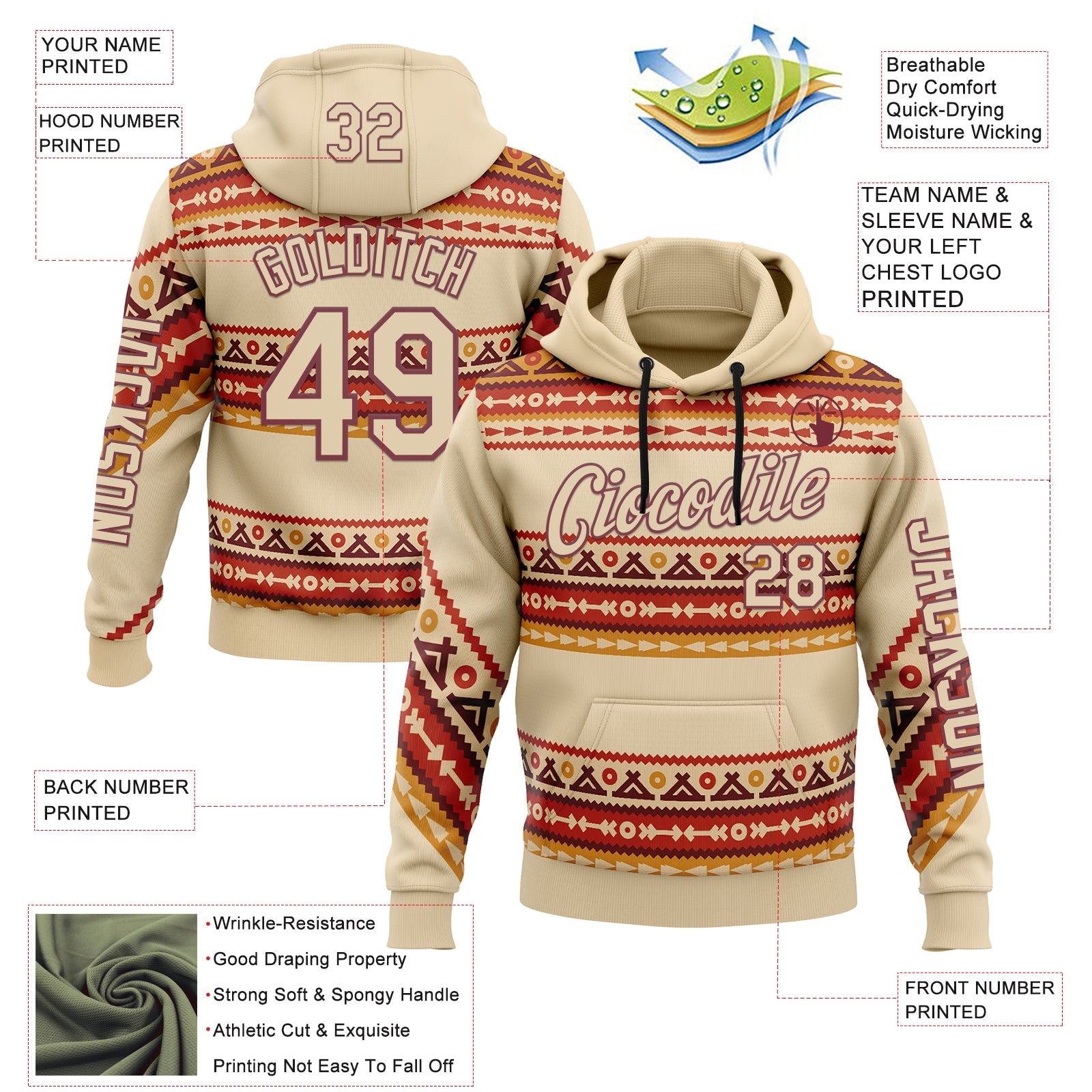 Custom City Cream Burgundy 3D Pattern Design Western Cowboy Tribal Ethnic Sports Pullover Sweatshirt Hoodie view 2
