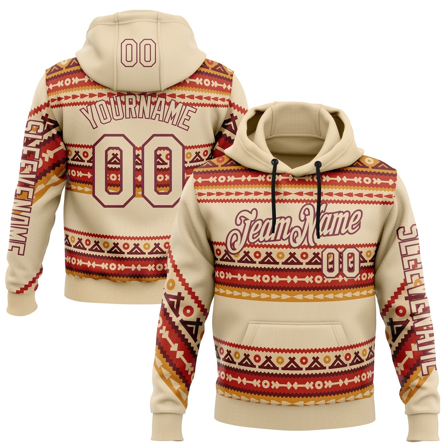 Custom City Cream Burgundy 3D Pattern Design Western Cowboy Tribal Ethnic Sports Pullover Sweatshirt Hoodie - Main View