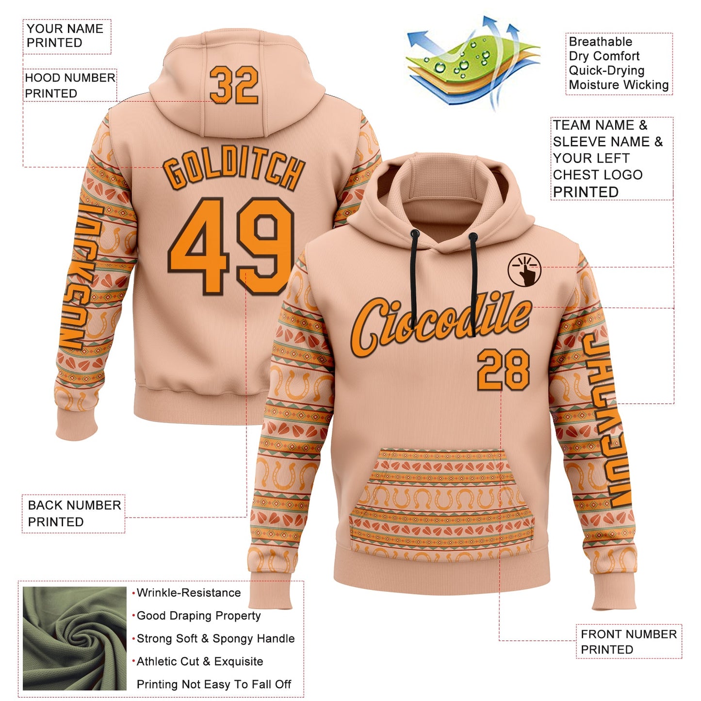 Custom Pink Bay Orange-Brown 3D Pattern Design Western Cowboy Tribal Ethnic Sports Pullover Sweatshirt Hoodie view 2