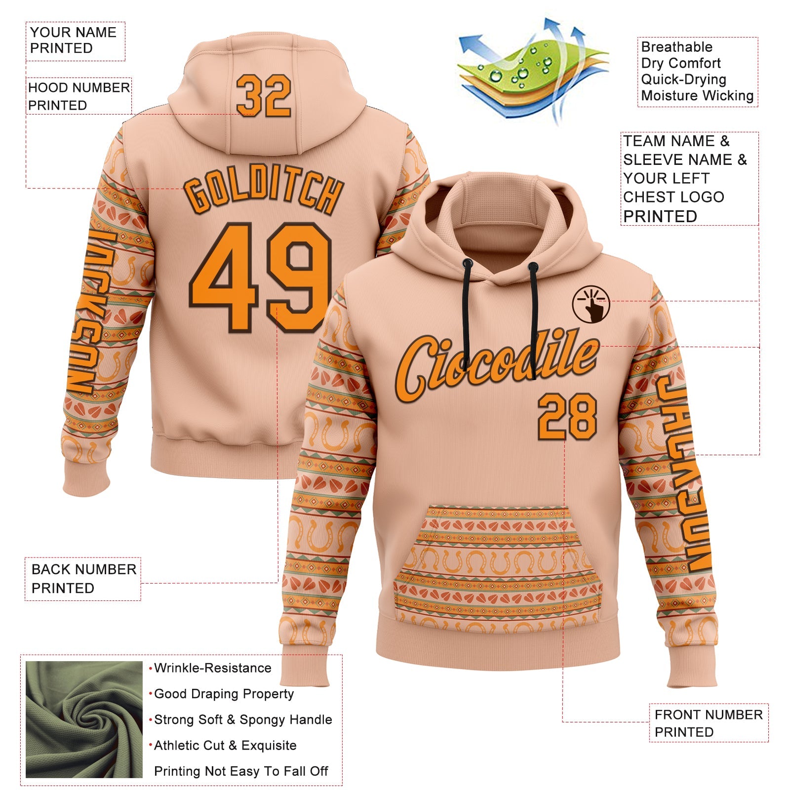 Custom Pink Bay Orange-Brown 3D Pattern Design Western Cowboy Tribal Ethnic Sports Pullover Sweatshirt Hoodie view 2