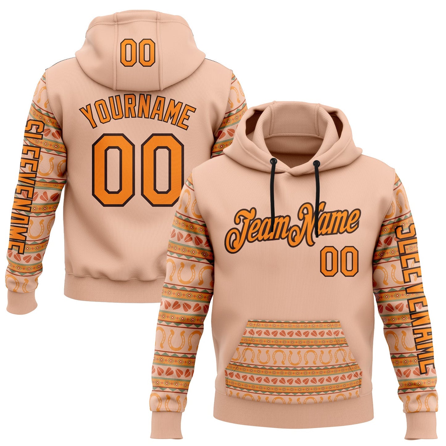 Custom Pink Bay Orange-Brown 3D Pattern Design Western Cowboy Tribal Ethnic Sports Pullover Sweatshirt Hoodie - Main View