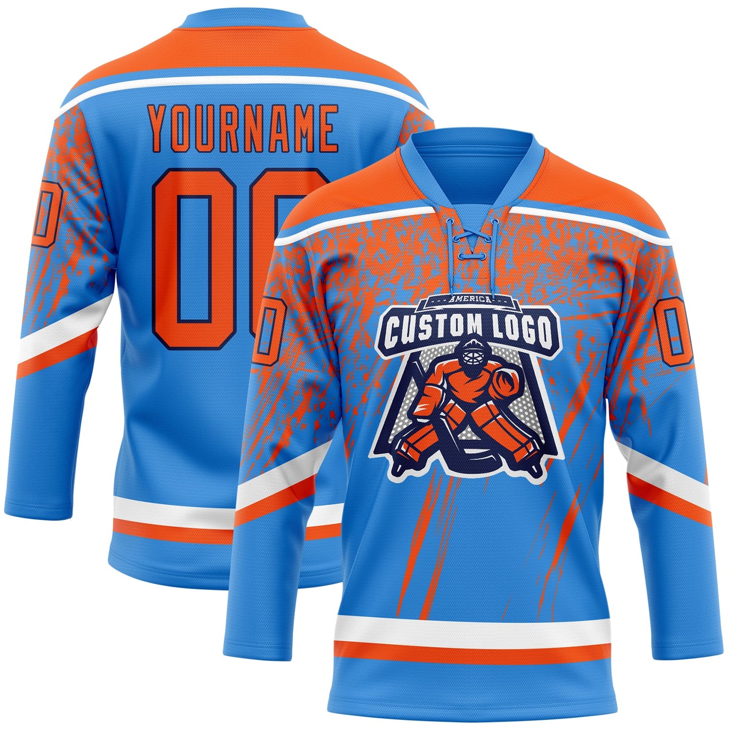 Custom Powder Blue Orange Navy-White 3D Splash Hockey Lace Neck Jersey view 2