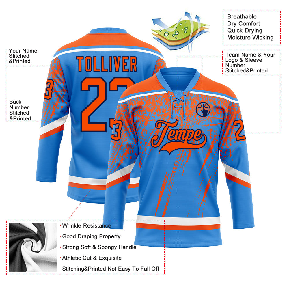 Custom Powder Blue Orange Navy-White 3D Splash Hockey Lace Neck Jersey view 3