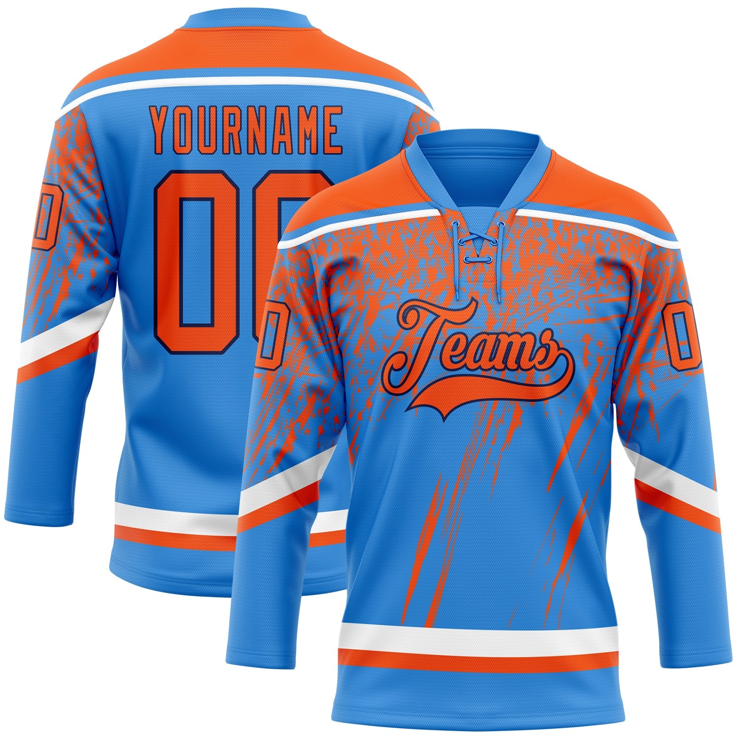 Custom Powder Blue Orange Navy-White 3D Splash Hockey Lace Neck Jersey - Main View