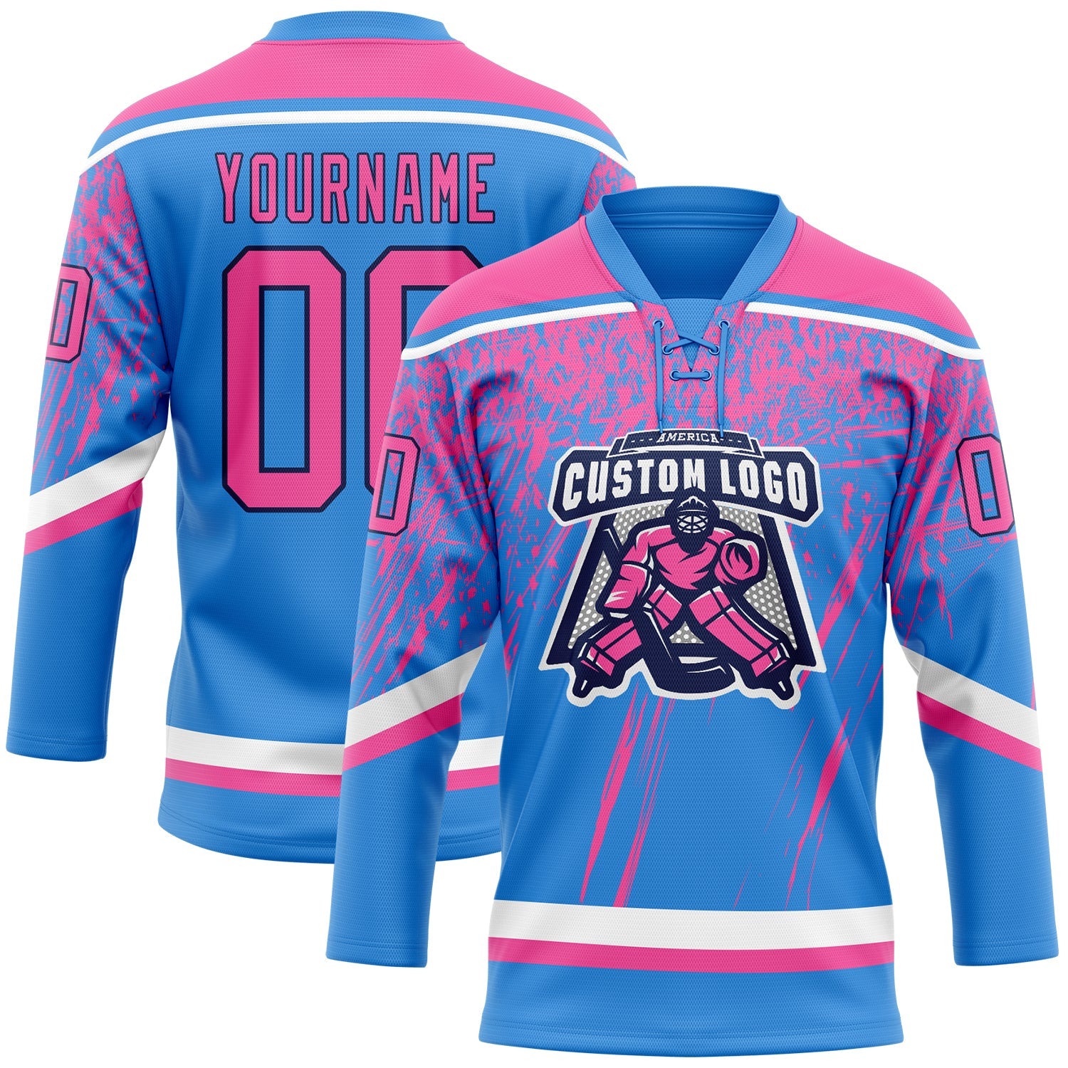Custom Powder Blue Pink Navy-White 3D Splash Hockey Lace Neck Jersey view 2