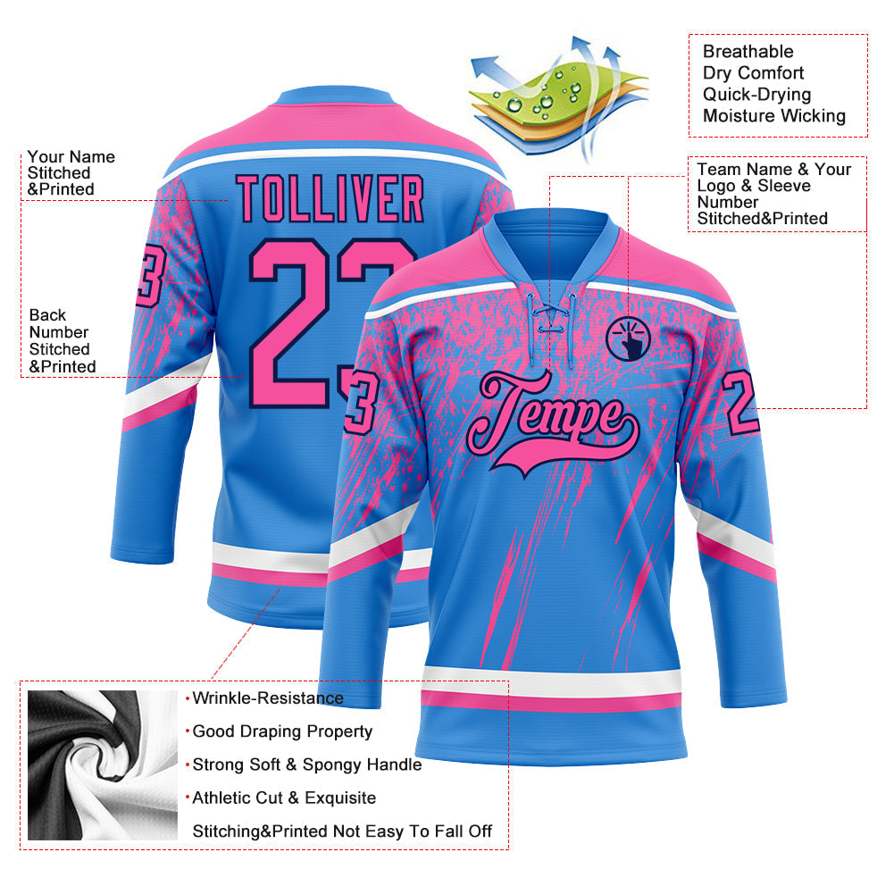 Custom Powder Blue Pink Navy-White 3D Splash Hockey Lace Neck Jersey view 3