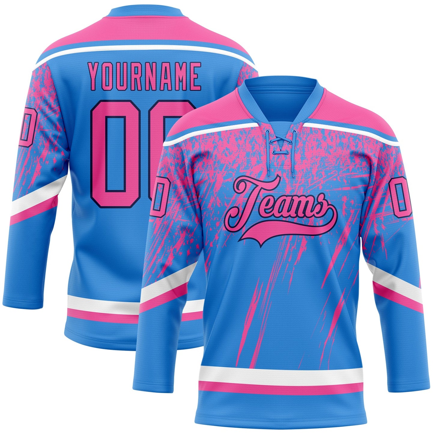 Custom Powder Blue Pink Navy-White 3D Splash Hockey Lace Neck Jersey - Main View
