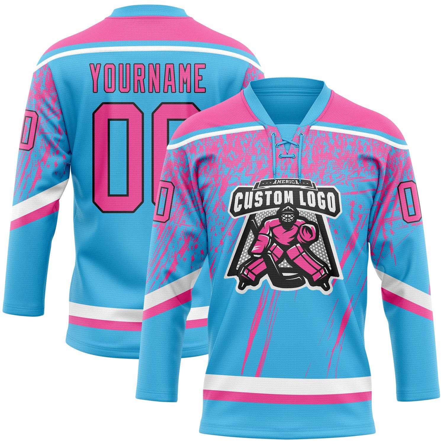 Custom Sky Blue Pink Black-White 3D Splash Hockey Lace Neck Jersey view 2